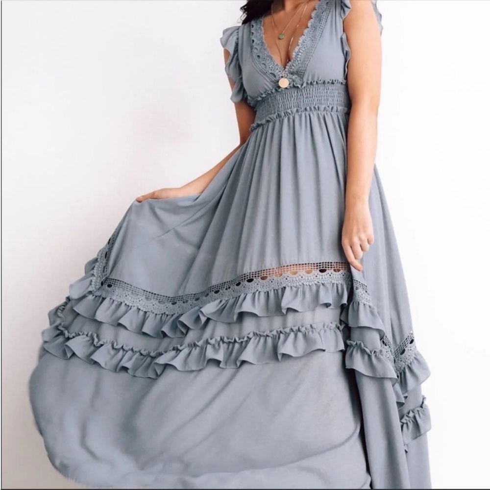 Baltic Born Jasmine Ruffle Maxi Dress, Dusty Blue
